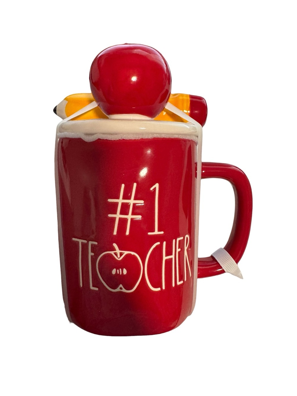 Rae Dunn Red “#1 Teacher” Ceramic Mug with Apple & Pencil Lid